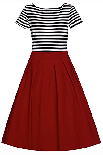 Babyonline- Damen Vintage 50er Rockabilly Swing Audrey Hepburn Kleid Knielang Weinrot XL