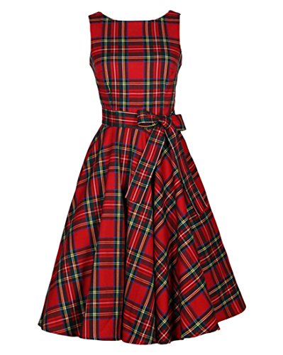 VKStar® Vintage Damen 1950s Audrey Hepburn britische Art Schwing Retro Rockabilly Plaid Abend-Partykleid Schleife