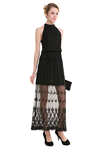 GWELL Vintage Damen Schwarz Blumen Spitze Maxikleid Neckholder Sommer Frühling Abendkleid Cocktailkleid Party L -