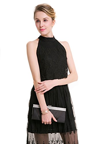 GWELL Vintage Damen Schwarz Blumen Spitze Maxikleid Neckholder Sommer Frühling Abendkleid Cocktailkleid Party L -