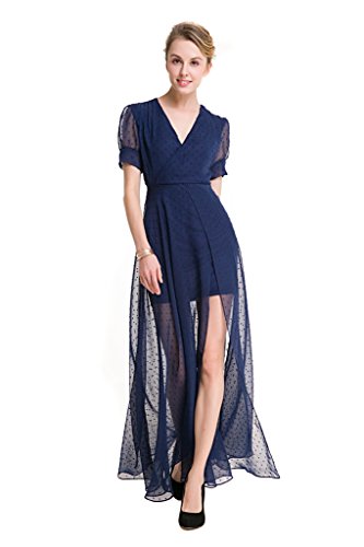 GWELL Vintage Damen Chiffon Maxikleid V-Ausschnitt Sommer Frühling Strandkleid Abendkleid Cocktailkleid Party