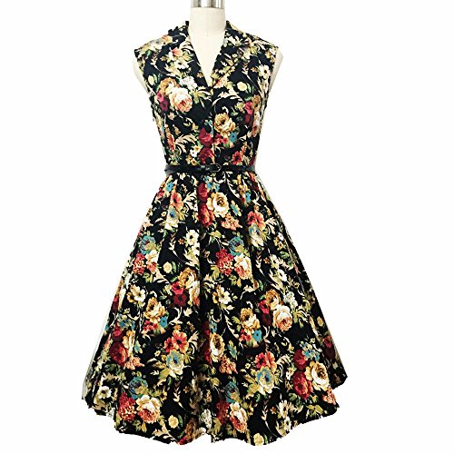 Possec Damen Kleider Vintage Baumwolle Flared Ärmellos Rose Blume Rock Kleid