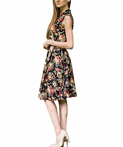 Possec Damen Kleider Vintage Baumwolle Flared Ärmellos Rose Blume Rock Kleid - 2