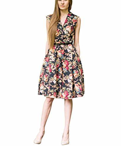 Possec Damen Kleider Vintage Baumwolle Flared Ärmellos Rose Blume Rock Kleid - 3