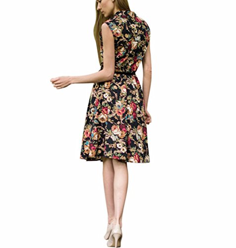 Possec Damen Kleider Vintage Baumwolle Flared Ärmellos Rose Blume Rock Kleid - 4