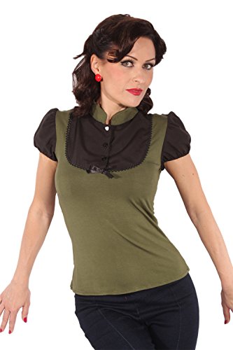 SugarShock Damen Retro Puffärmel pin up Rockabilly Military Bluse T-Shirt oliv schwarz M