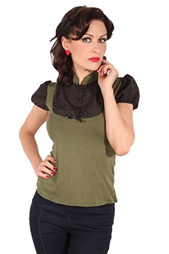 SugarShock Damen Retro Puffärmel pin up Rockabilly Military Bluse T-Shirt oliv schwarz M - 