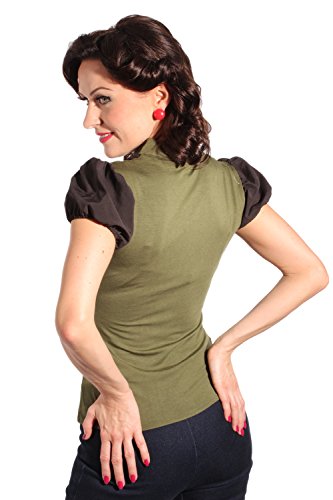 SugarShock Damen Retro Puffärmel pin up Rockabilly Military Bluse T-Shirt oliv schwarz M - 