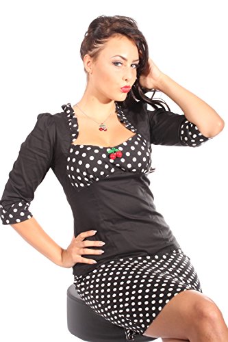 SugarShock Damen POLKA DOTS Ruffle Kirschen Rockabilly pin up 3/4arm Rüschen Bluse sw M