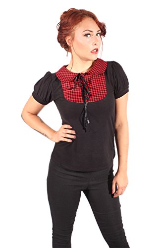 SugarShock Damen Bubikragen Puffärmel Gingham pin up Rockabilly Karo punk rock T-Shirt XL