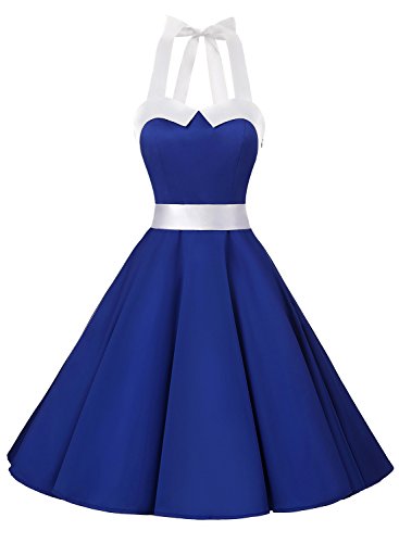 Dressystar Vintage Tupfen Retro Cocktail Abschlussball Kleider 50er 60er Rockabilly Neckholder Royal Blau mit Weiß S