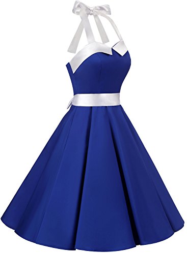 Dressystar Vintage Tupfen Retro Cocktail Abschlussball Kleider 50er 60er Rockabilly Neckholder Royal Blau mit Weiß S - 