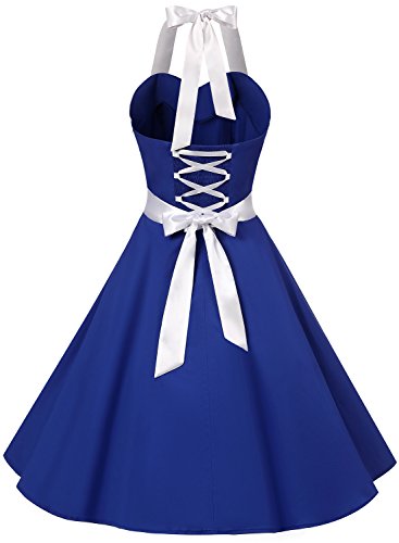 Dressystar Vintage Tupfen Retro Cocktail Abschlussball Kleider 50er 60er Rockabilly Neckholder Royal Blau mit Weiß S - 