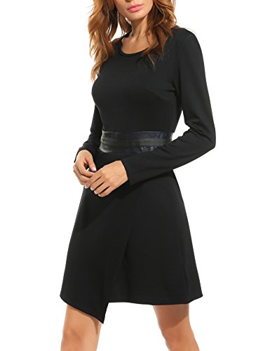 ACEVOG Damen Kleid Winter schwarzes Wickelkleid Langarm mit Rundhals knielang Freizeitkleid Casual Kleid - 