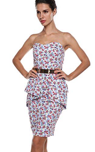 ACEVOG Damen Trägerlose Floral Abendkleider Party Bodycon Cocktailkleider Rückenfrei Abschlussballkleid mit Gürtel Schößchen Vintage Kurz