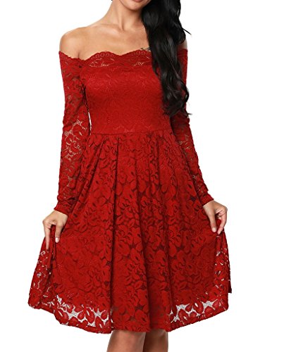 Damen Elegant Spitzenkleid Langarm Schulterfreies Skaterkleid Cocktailkleid Abendkleid Rot S