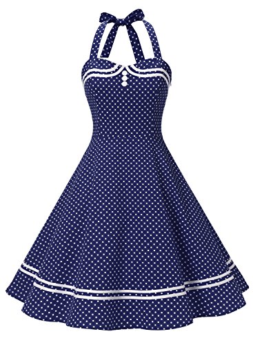 Damen 1950er Jahre Vintage Abendkleid Elegant Neckholder Retro Cocktailkleid Faltenrock Kleid Pinup Baumwolle Rockabilly Partei Swing