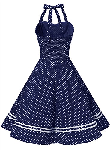 Damen 1950er Jahre Vintage Abendkleid Elegant Neckholder Retro Cocktailkleid Faltenrock Kleid Pinup Baumwolle Rockabilly Partei Swing - 2