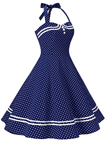 Damen 1950er Jahre Vintage Abendkleid Elegant Neckholder Retro Cocktailkleid Faltenrock Kleid Pinup Baumwolle Rockabilly Partei Swing - 3