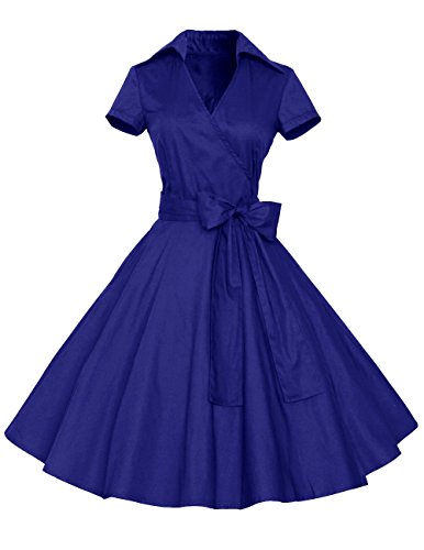 Dresstells Rockabilly Kleid 1950er Retro Polka Dots Kurz Faltenrock Petticoat Cocktailkleid Royalblue M