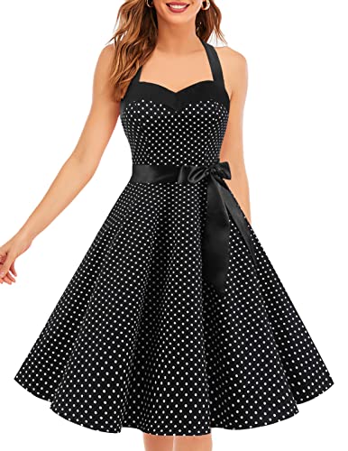 Dresstells Neckholder Rockabilly 50er Polka Dots Punkte 1950er Kleid Petticoat Faltenrock Black Small White Dot L