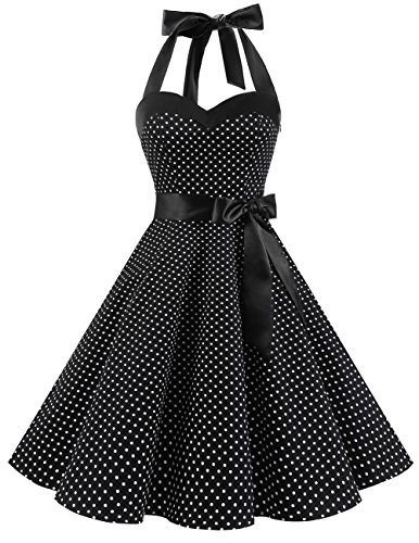 Dresstells Neckholder Rockabilly 50er Polka Dots Punkte 1950er Kleid Petticoat Faltenrock Black Small White Dot L - 2