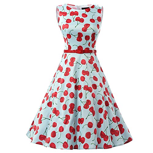 Dresstells 50er Retro Audrey Hepburn Schwingen Pinup Polka Dots Rockabilly Kleid Cherry Blue M