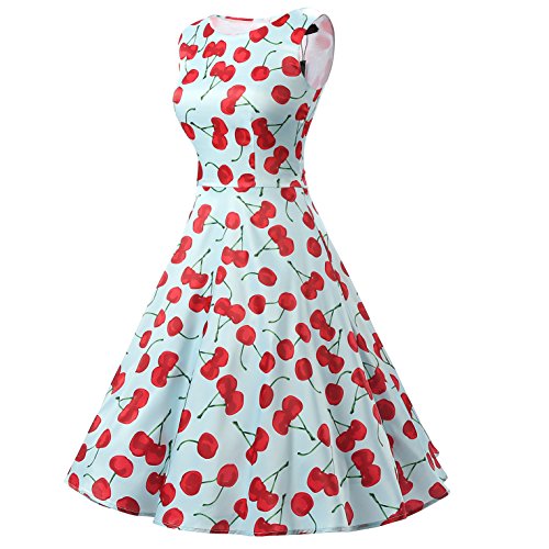 Dresstells 50er Retro Audrey Hepburn Schwingen Pinup Polka Dots Rockabilly Kleid Cherry Blue M - 