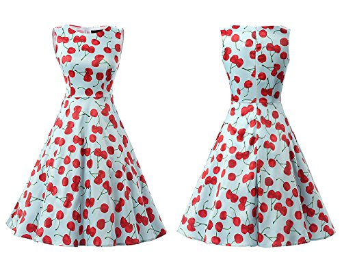 Dresstells 50er Retro Audrey Hepburn Schwingen Pinup Polka Dots Rockabilly Kleid Cherry Blue M - 