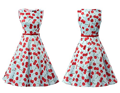 Dresstells 50er Retro Audrey Hepburn Schwingen Pinup Polka Dots Rockabilly Kleid Cherry Blue M - 