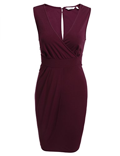 Damen Etuikleid V-Ausschnitt Wickelkleid Bleistiftkleid Ärmellos Knielang Bodycon Kleid Business Kleid mit Rüschen Weinrot