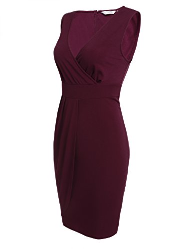Damen Etuikleid V-Ausschnitt Wickelkleid Bleistiftkleid Ärmellos Knielang Bodycon Kleid Business Kleid mit Rüschen Weinrot - 2