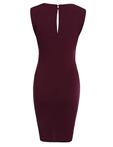 Damen Etuikleid V-Ausschnitt Wickelkleid Bleistiftkleid Ärmellos Knielang Bodycon Kleid Business Kleid mit Rüschen Weinrot - 3