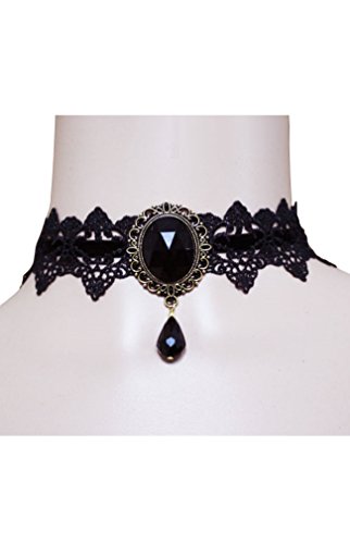 HO-Ersoka Damen Vintage Gothic Halsband Halskette Häkelspitze Glasstein schwarz - 