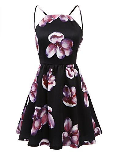 ACEVOG Damen Vintage Rockabilly Party Rückfrei Ärmelloses Abendkleid Neckholder Blumenmuster Kleider mit Spaghettiträger