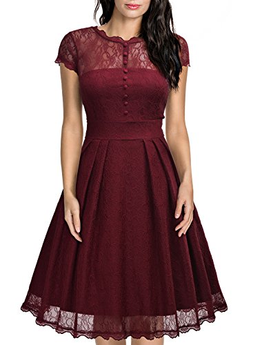 Miusol Damen Elegant Spitzenkleid Cocktailkleid Knielanges Vintage 50er Jahr Abendkleid Weinrot