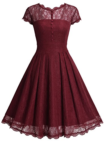 Miusol Damen Elegant Spitzenkleid Cocktailkleid Knielanges Vintage 50er Jahr Abendkleid Weinrot - 7