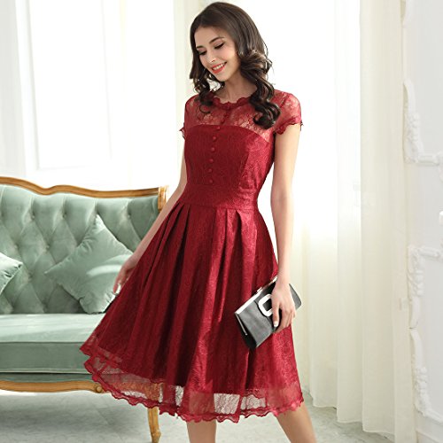 Miusol Damen Elegant Spitzenkleid Cocktailkleid Knielanges Vintage 50er Jahr Abendkleid Weinrot - 5