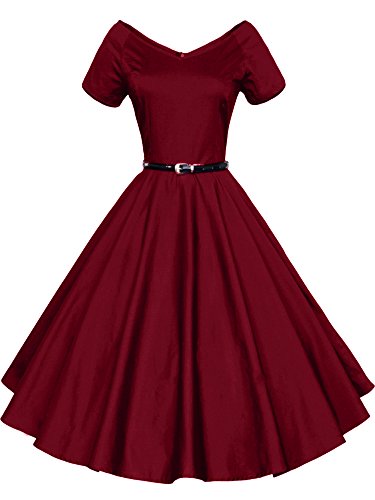 ILover Frauen 1950er V Ausschnitt Vintage Rockabilly Swing Abend Partei Kleid Wieinrot