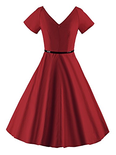 ILover Frauen 1950er V Ausschnitt Vintage Rockabilly Swing Abend Partei Kleid Wieinrot - 4