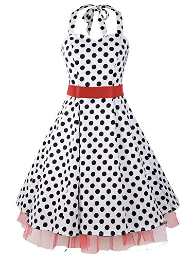 ILover Damen Polka Punkt Kleid Neckholder 50er Blumen Schaukel Pinup Rockabilly Vintage Kleid