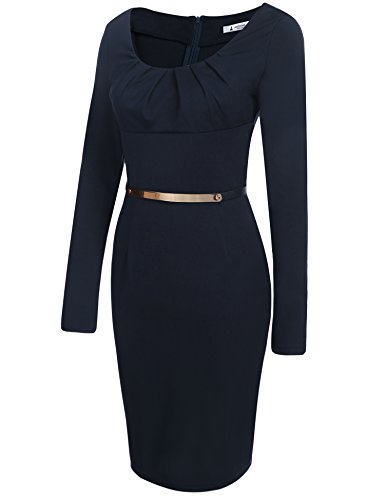 ANGVNS Damen Etuikleid Bleistiftkleid Rundhalsausschnitt Langarm mit Metallgürtel Cocktailkleid Partykleid Ballkleid Business Schwarz Grün Marineblau S-XXL -