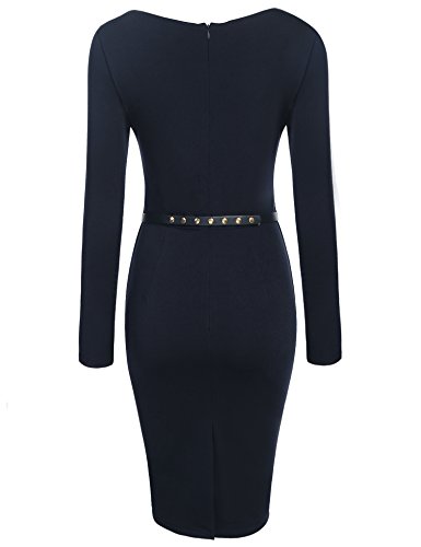 ANGVNS Damen Etuikleid Bleistiftkleid Rundhalsausschnitt Langarm mit Metallgürtel Cocktailkleid Partykleid Ballkleid Business Schwarz Grün Marineblau S-XXL -