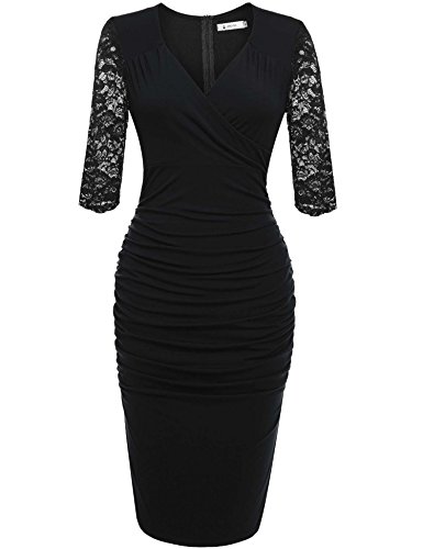 ANGVNS Damen Abendkleid V-Ausschnitt Kleid Spitzen 3/4 Arm Wickelkleid Etuikleid Cocktailkleid