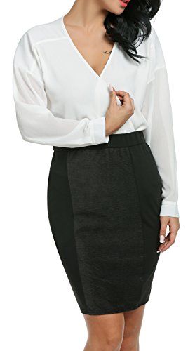 Damen Chiffon zweiteiliger Karriereanzug tiefer V-Ausschnitt Langärmeliger Oberteil und knielanges Kleid mit elastischer Taile Bleistift Design und rückseitigenreißverschluss - 2