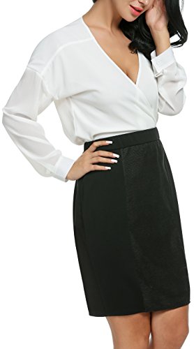 Damen Chiffon zweiteiliger Karriereanzug tiefer V-Ausschnitt Langärmeliger Oberteil und knielanges Kleid mit elastischer Taile Bleistift Design und rückseitigenreißverschluss - 3