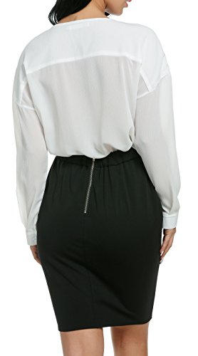 Damen Chiffon zweiteiliger Karriereanzug tiefer V-Ausschnitt Langärmeliger Oberteil und knielanges Kleid mit elastischer Taile Bleistift Design und rückseitigenreißverschluss - 4