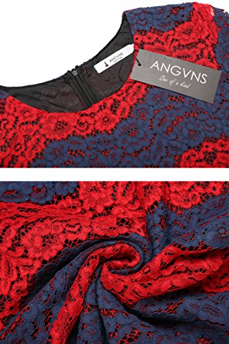 ANGVNS Damen Rundhals Kurzarmes Etuikleid Knielang Spitzenkleid mit floraler Spitze und Streifen Größe 42-44 Rot und Blau - 