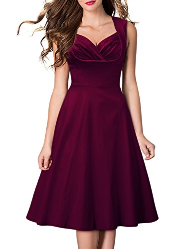 Miusol Damen Aermellos Sommerkleid 1950er Retro Cocktailkleid Petticoat Faltenrock Kleid Weinrot