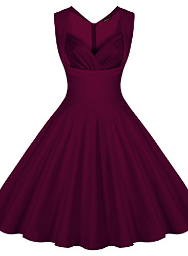 Miusol Damen Aermellos Sommerkleid 1950er Retro Cocktailkleid Petticoat Faltenrock Kleid Weinrot - 2